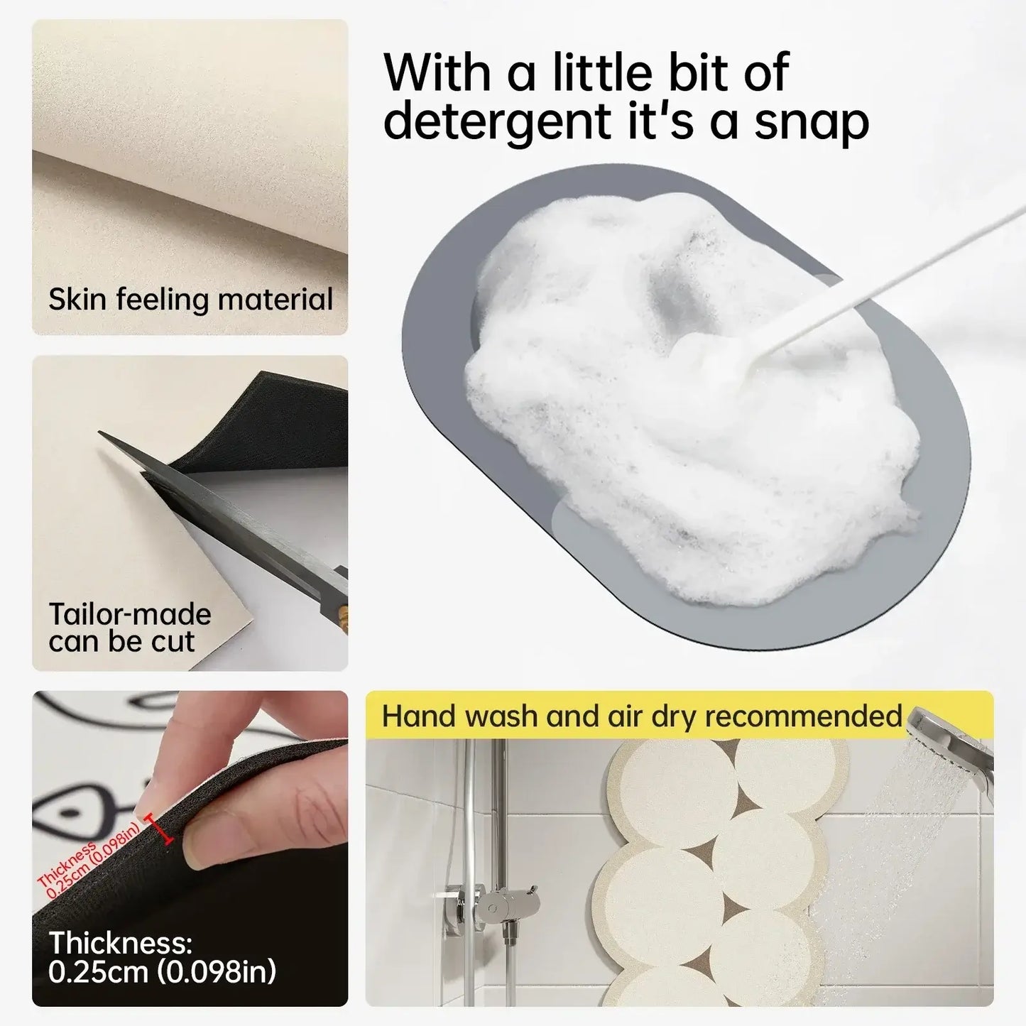 Product packaging with text on skin feeling material, cutting flexibility, thickness measurement, and washing instructions.