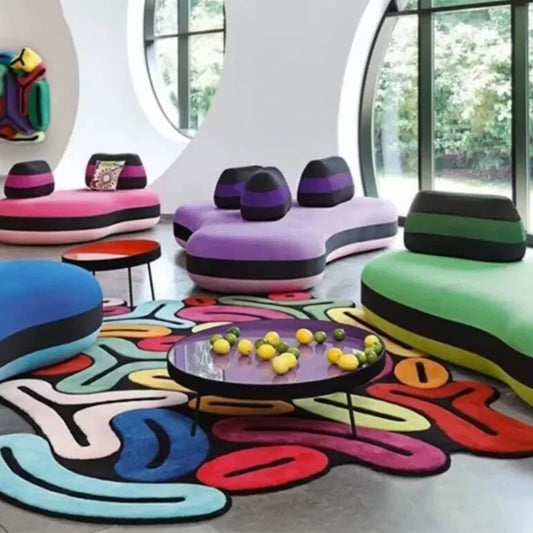 Modern room with colorful furniture and Artistic Irregular Plush Carpet