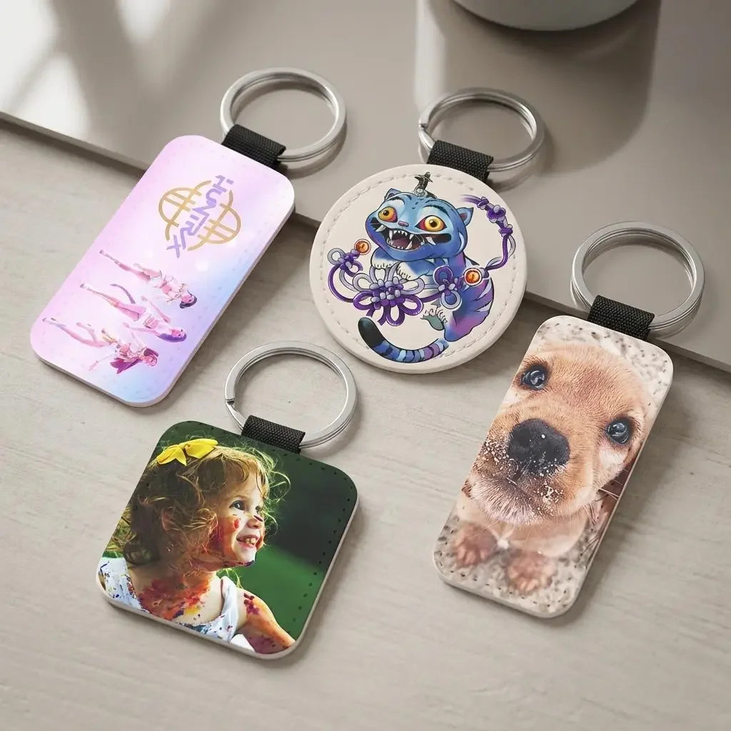 Four keychains with different designs on a light surface