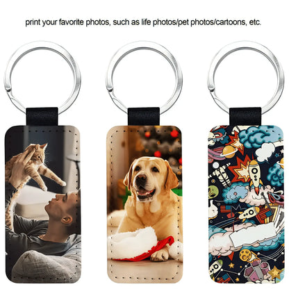 Three Custom Keychain with different designs: a person and cat, a dog, and a colorful cartoon pattern.