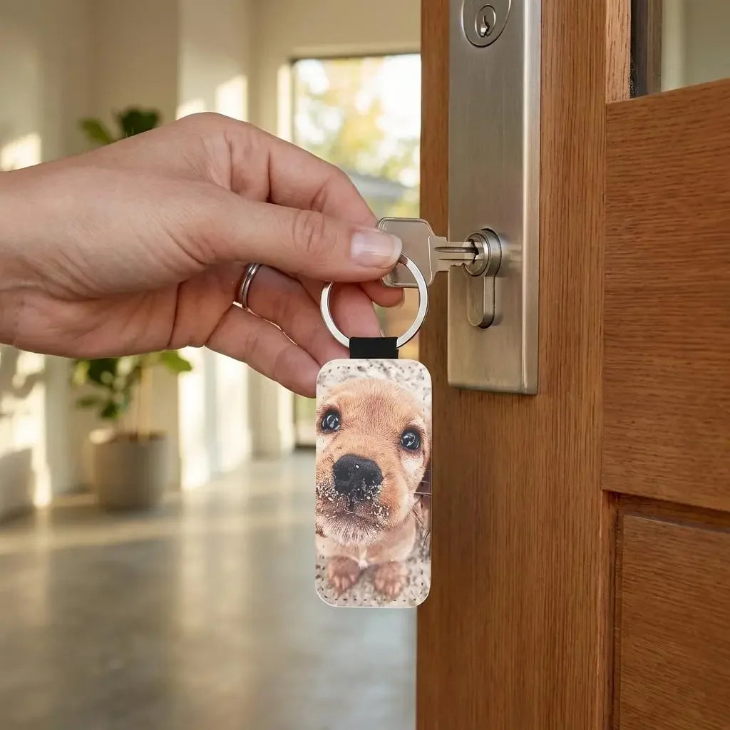 Hand holding a Custom Keychain with a dog's face on it, unlocking a wooden door.