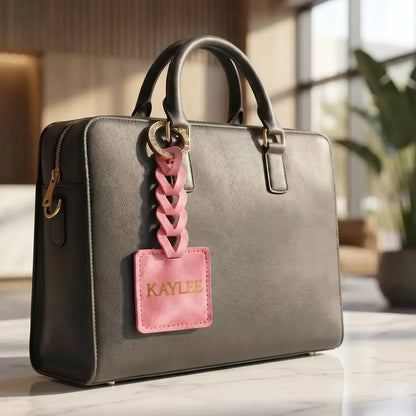 Gray handbag with a pink keychain and tag on a blurred indoor background