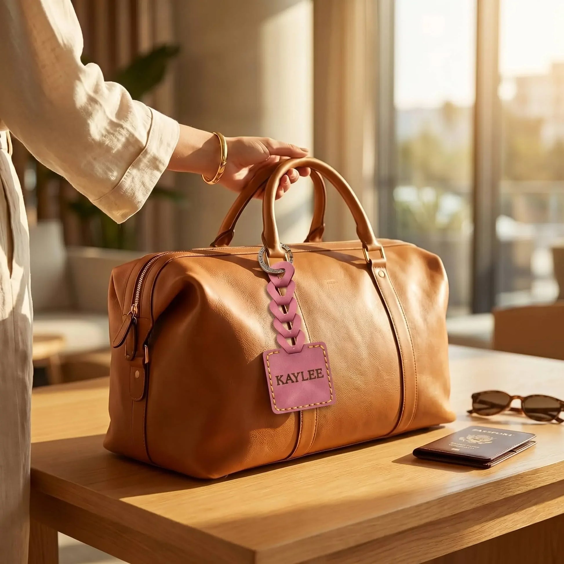 Brown leather duffel bag with a pink tag on a wooden surface, with a blurred indoor background.