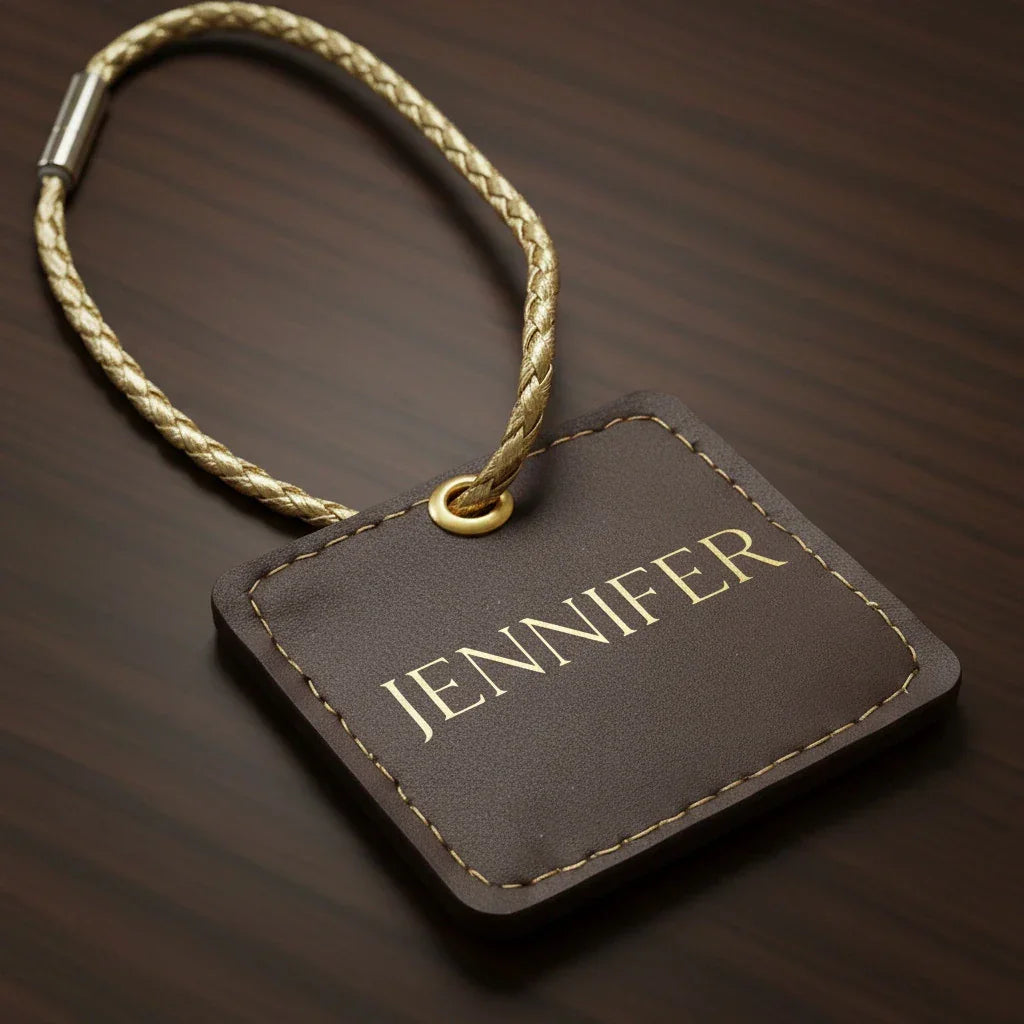 Brown leather tag with 'JENNIFER' engraving on a wooden surface