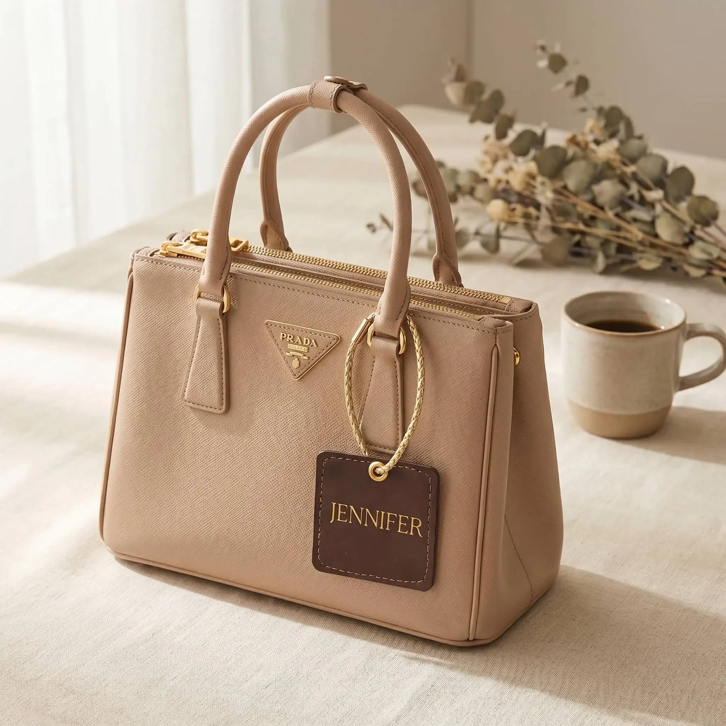 Beige handbag with a Custom name tag on a light surface with a cup and plant in the background