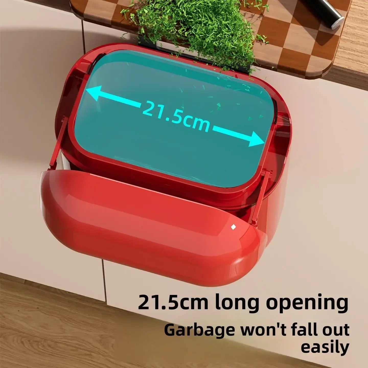 Red trash bin with open lid showing an opening measurement