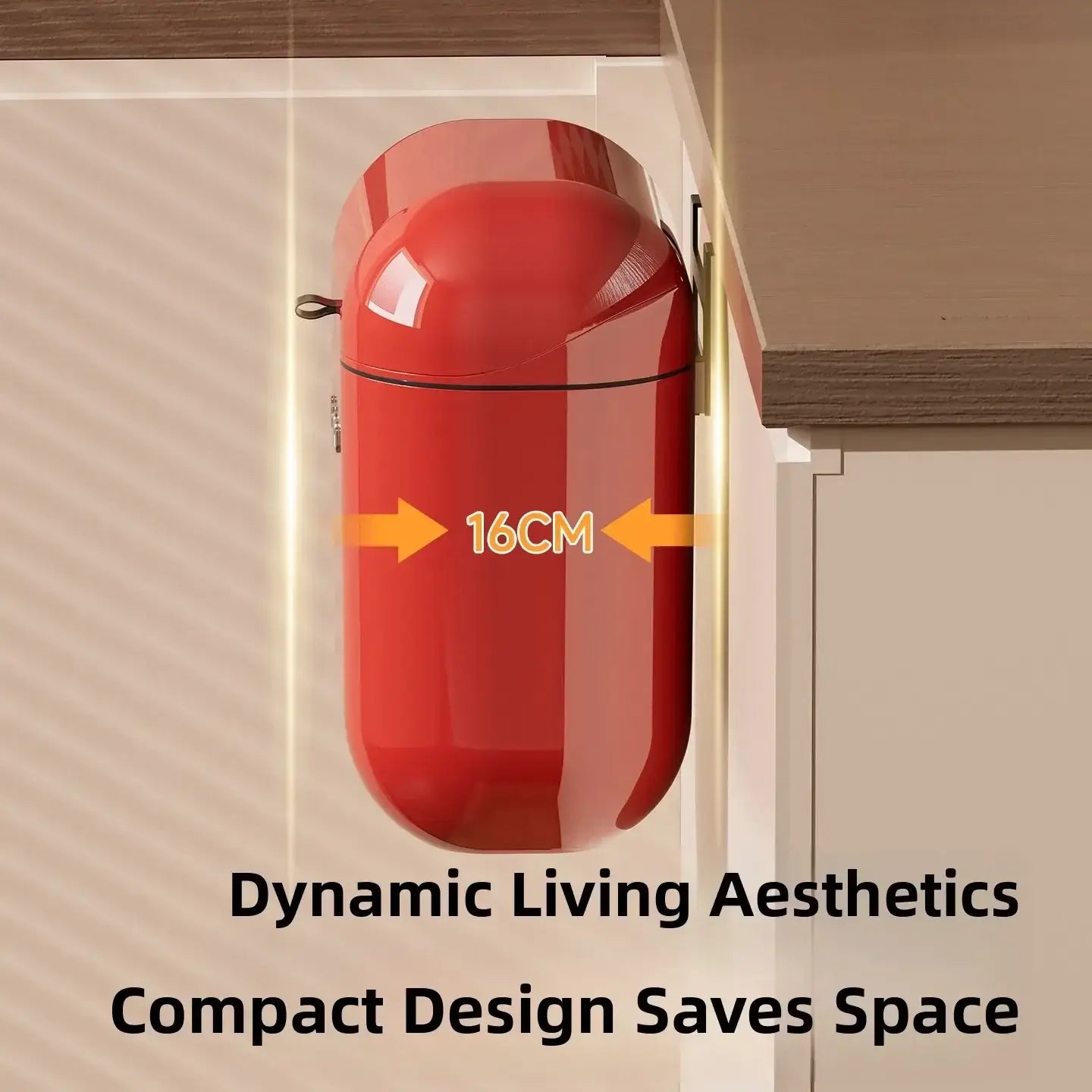 Kitchen Waste Bin with measurement 16cm depth. 'Dynamic Living Aesthetics Compact Design Saves Space'.