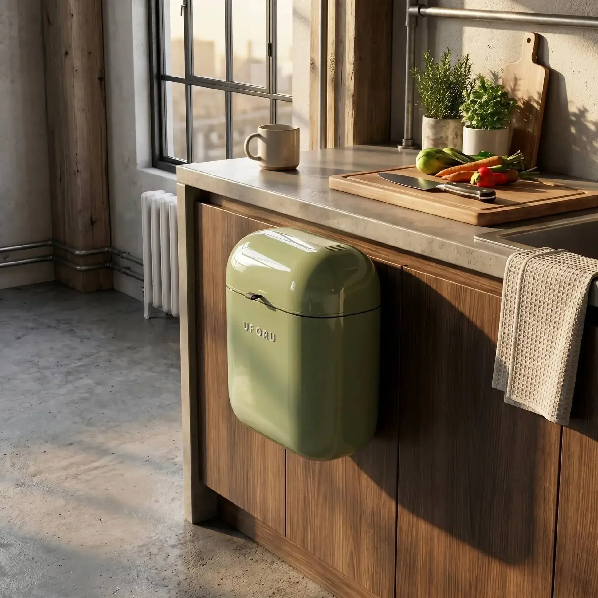 Green kitchen trash can be mounted on a wooden cabinet 