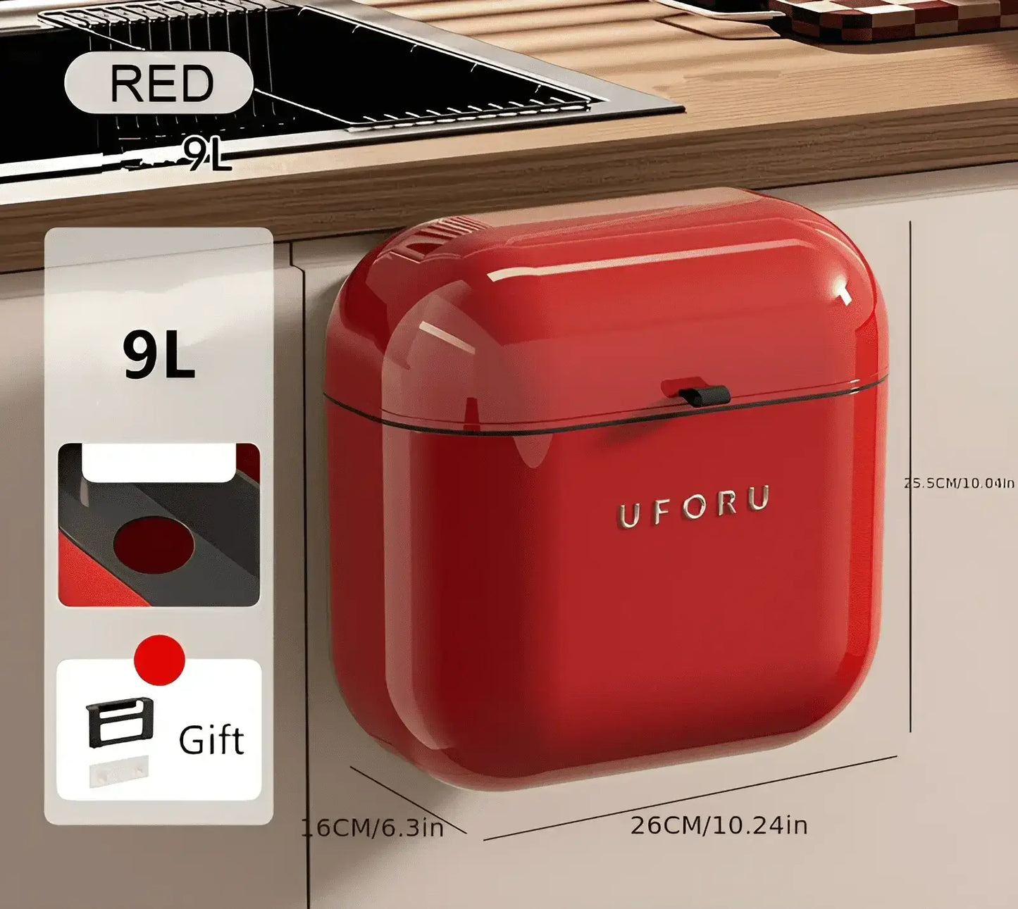 Red Kitchen Waste Bin 9L Capacity