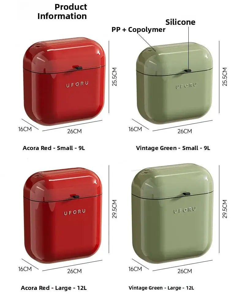 Product information chart for Acora Red and Vintage Green wall-mounted trash cans with dimensions and material details.