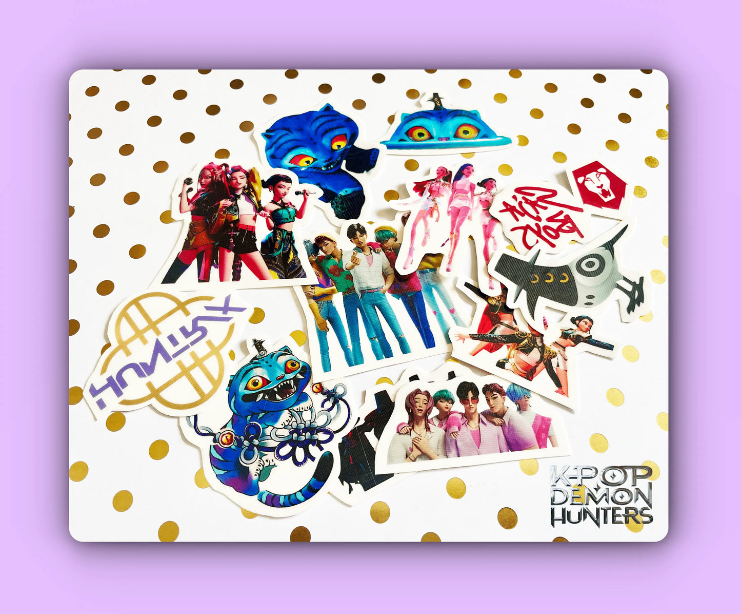 KDH Sticker sheet with colorful characters and text on a polka dot background