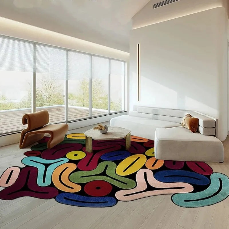 Colorful abstract rug in a modern living room