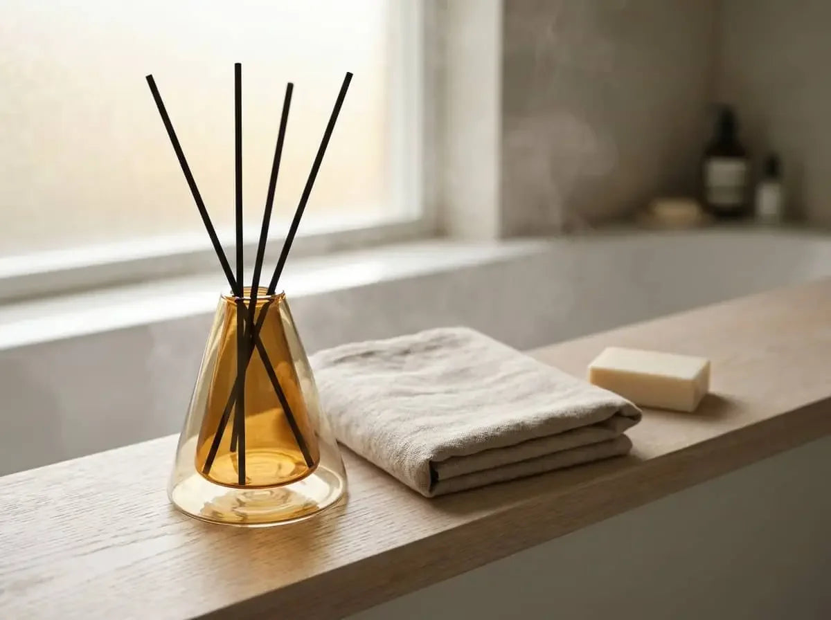 Diffuser with sticks on a bathroom counter with soap and towel