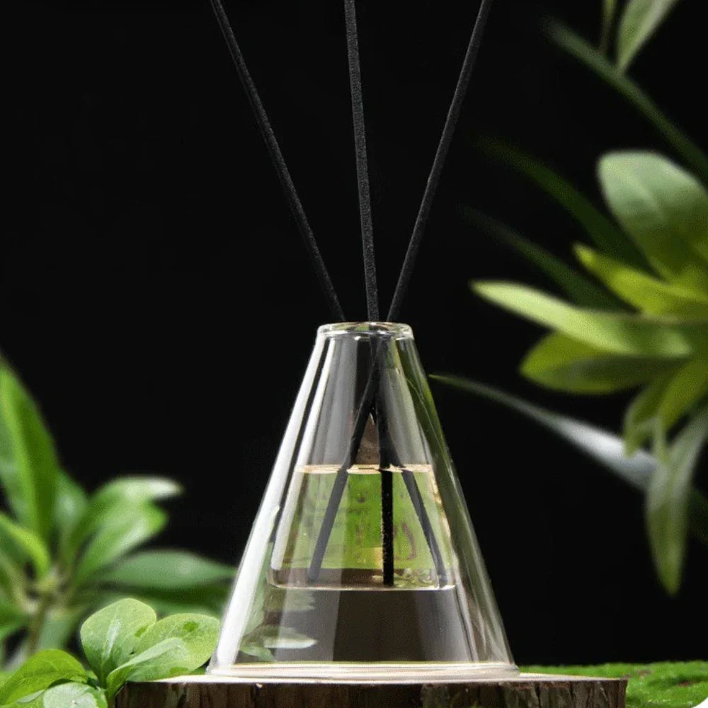 Clear Triangle Glass Aromatherapy Vase with wooden base on a dark background with green plants.