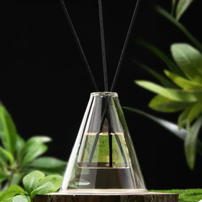 Clear Triangle Glass Aromatherapy Vase with wooden base on a dark background with green plants.