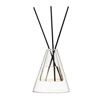 Clear glass diffuser with black sticks on a white background