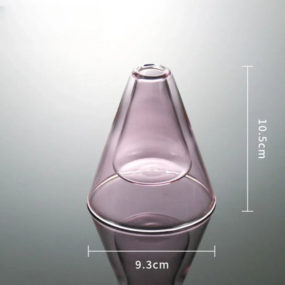 Purple glass vase with measurements on a gray background