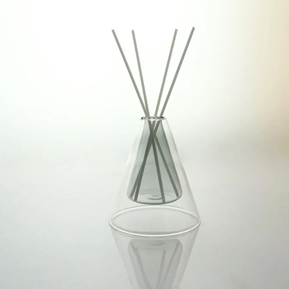 Clear glass diffuser with reeds on a white background